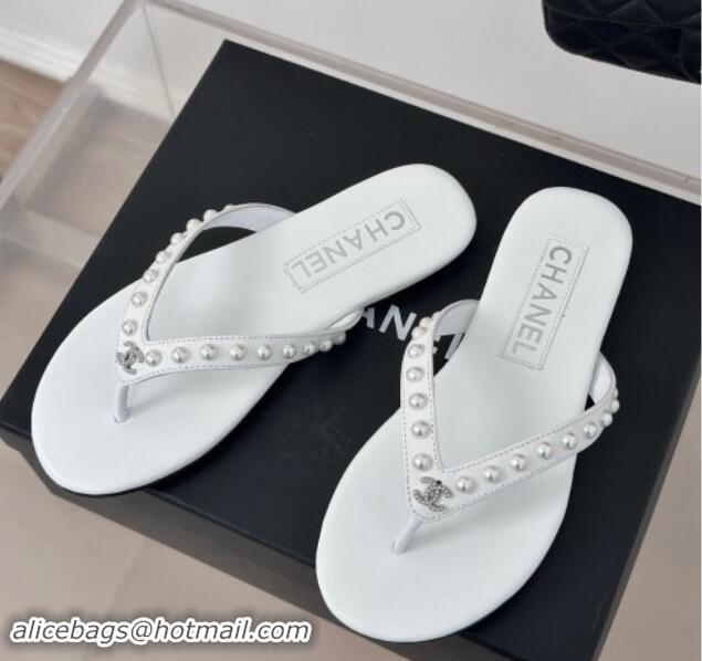 Purchase Chanel Calfskin Flat Thongs Sandal with Pearls G46205 White 1121180