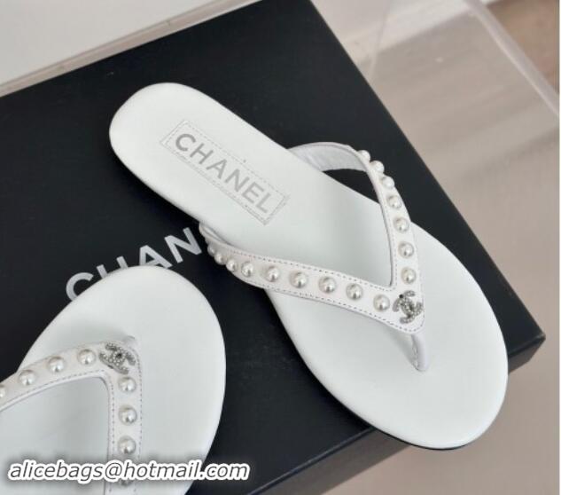 Purchase Chanel Calfskin Flat Thongs Sandal with Pearls G46205 White 1121180