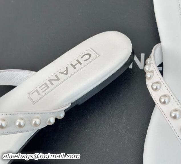 Purchase Chanel Calfskin Flat Thongs Sandal with Pearls G46205 White 1121180