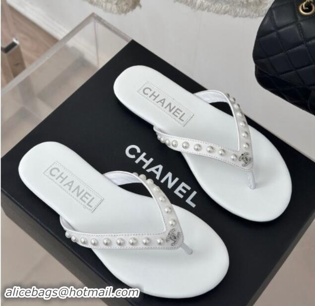 Purchase Chanel Calfskin Flat Thongs Sandal with Pearls G46205 White 1121180