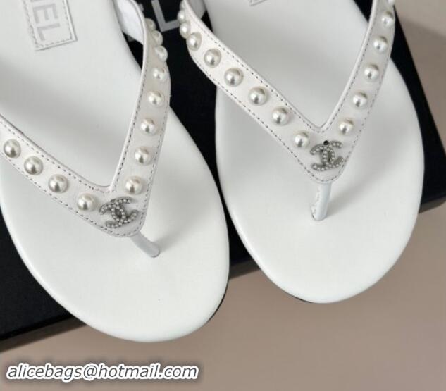 Purchase Chanel Calfskin Flat Thongs Sandal with Pearls G46205 White 1121180