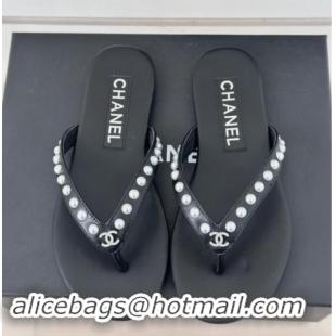 Low Price Chanel Calfskin Flat Thongs Sandal with Pearls G46205 Black 1121181