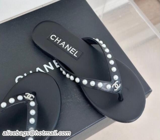 Low Price Chanel Calfskin Flat Thongs Sandal with Pearls G46205 Black 1121181