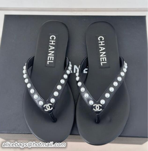 Low Price Chanel Calfskin Flat Thongs Sandal with Pearls G46205 Black 1121181