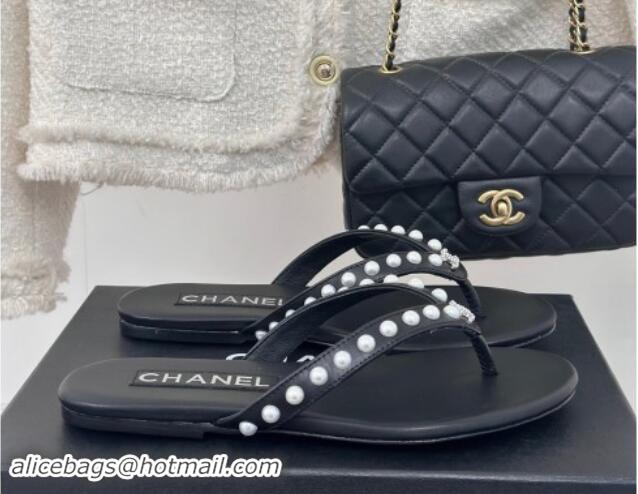 Low Price Chanel Calfskin Flat Thongs Sandal with Pearls G46205 Black 1121181