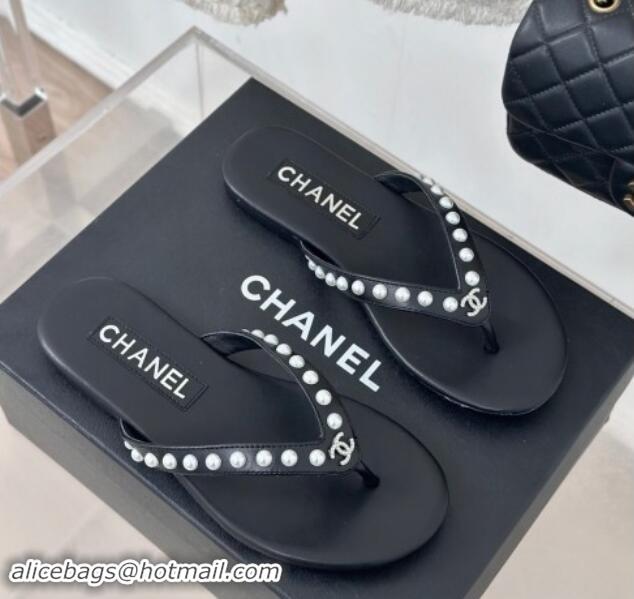 Low Price Chanel Calfskin Flat Thongs Sandal with Pearls G46205 Black 1121181