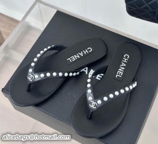 Low Price Chanel Calfskin Flat Thongs Sandal with Pearls G46205 Black 1121181