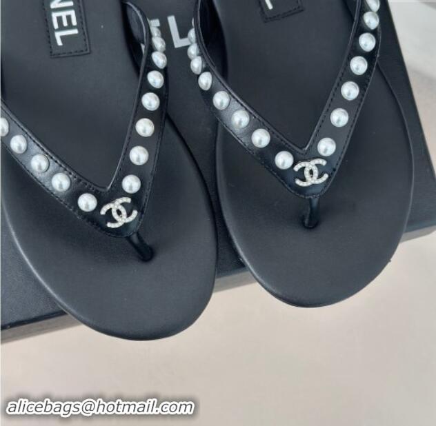 Low Price Chanel Calfskin Flat Thongs Sandal with Pearls G46205 Black 1121181