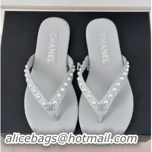 Sophisticated Chanel Calfskin Flat Thongs Sandal with Pearls G46205 Grey 1121182