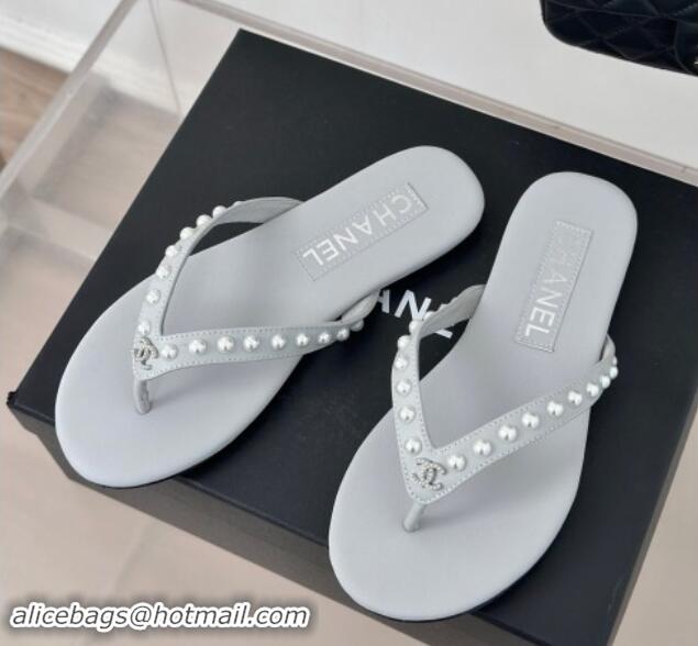 Sophisticated Chanel Calfskin Flat Thongs Sandal with Pearls G46205 Grey 1121182