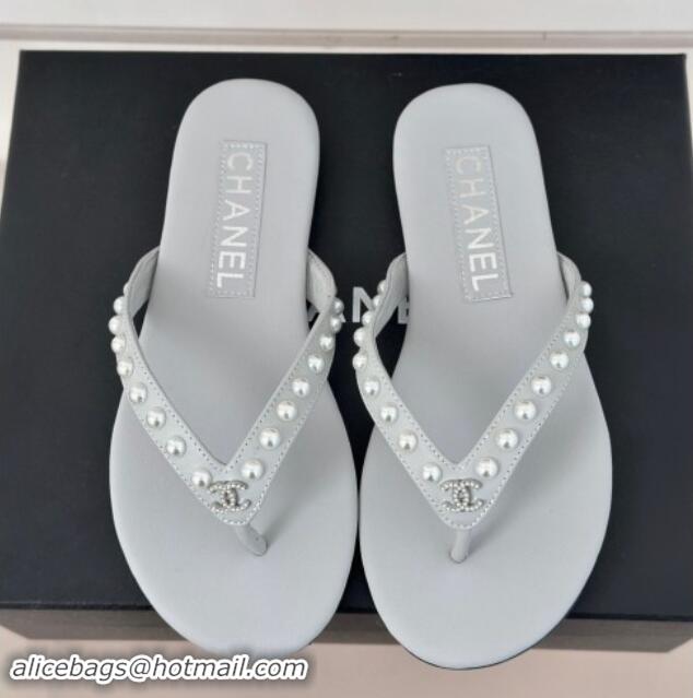 Sophisticated Chanel Calfskin Flat Thongs Sandal with Pearls G46205 Grey 1121182