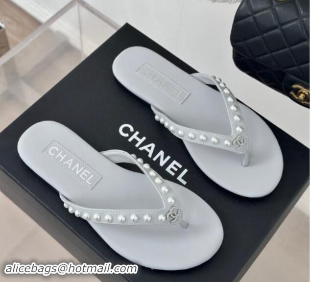 Sophisticated Chanel Calfskin Flat Thongs Sandal with Pearls G46205 Grey 1121182