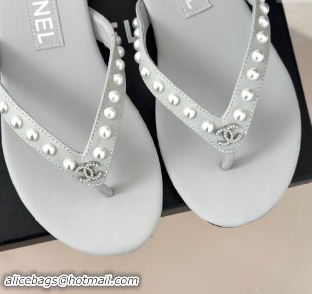 Sophisticated Chanel Calfskin Flat Thongs Sandal with Pearls G46205 Grey 1121182