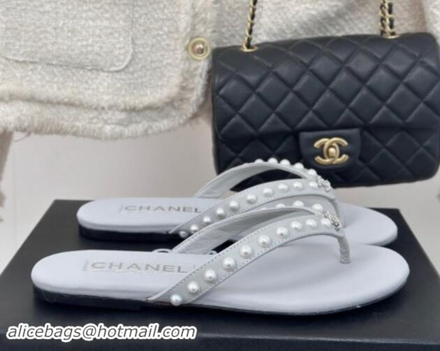 Sophisticated Chanel Calfskin Flat Thongs Sandal with Pearls G46205 Grey 1121182