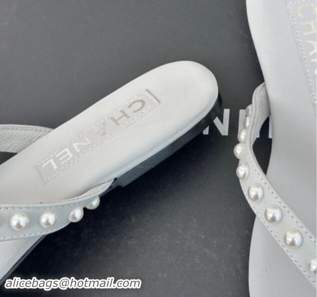 Sophisticated Chanel Calfskin Flat Thongs Sandal with Pearls G46205 Grey 1121182