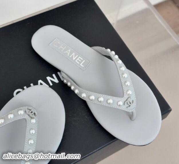 Sophisticated Chanel Calfskin Flat Thongs Sandal with Pearls G46205 Grey 1121182