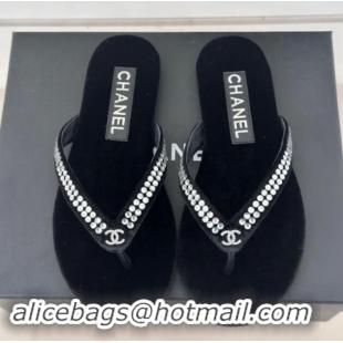 Buy Fashionable Chanel Velvet Flat Thongs Sandal with Strass G46205 Black 1121183