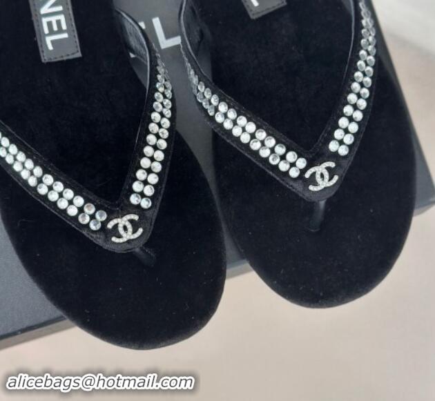 Buy Fashionable Chanel Velvet Flat Thongs Sandal with Strass G46205 Black 1121183