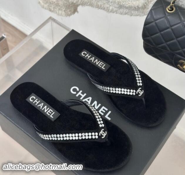 Buy Fashionable Chanel Velvet Flat Thongs Sandal with Strass G46205 Black 1121183