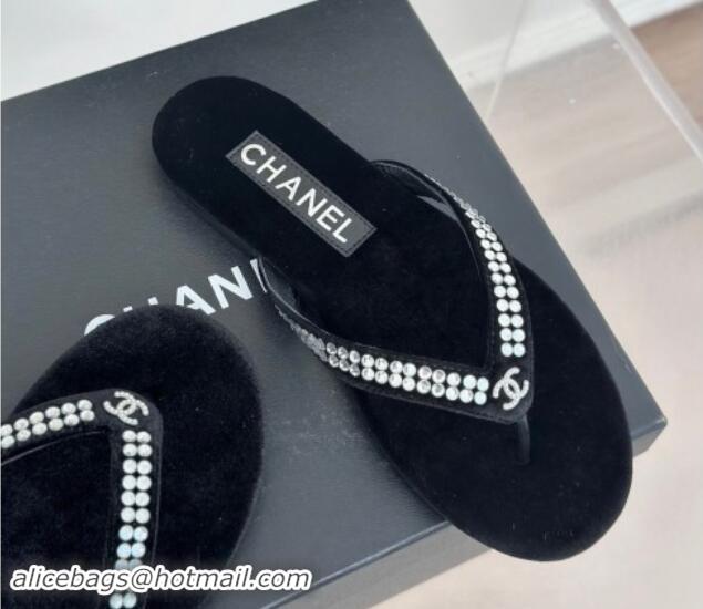 Buy Fashionable Chanel Velvet Flat Thongs Sandal with Strass G46205 Black 1121183