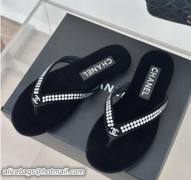 Buy Fashionable Chanel Velvet Flat Thongs Sandal with Strass G46205 Black 1121183