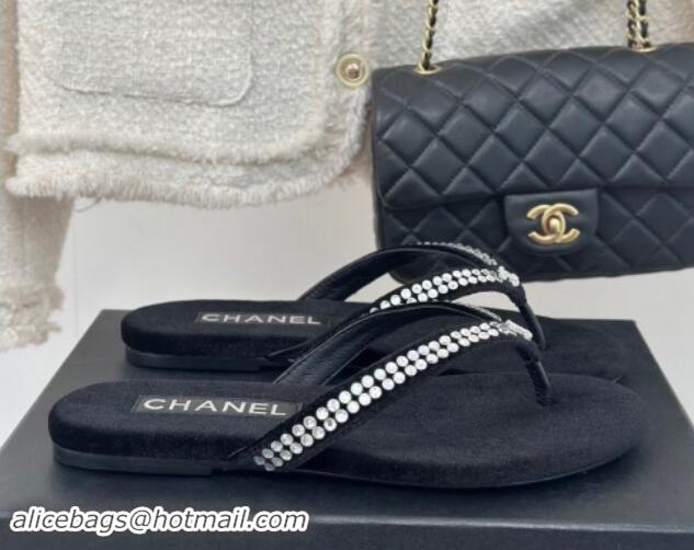 Buy Fashionable Chanel Velvet Flat Thongs Sandal with Strass G46205 Black 1121183