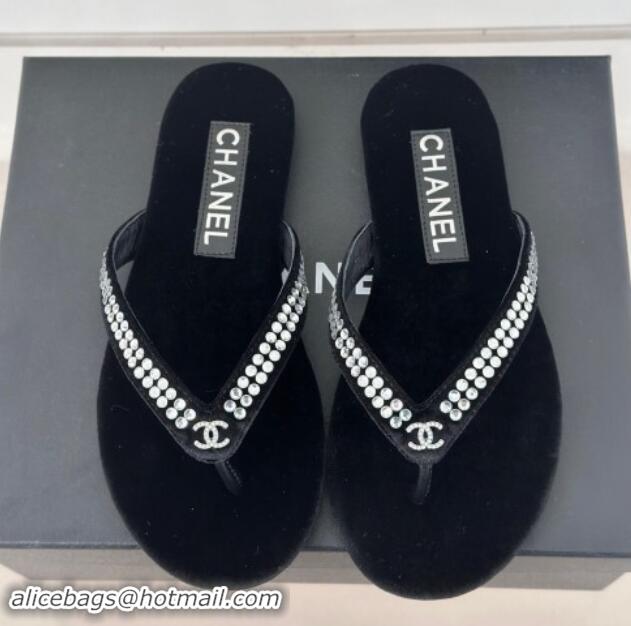 Buy Fashionable Chanel Velvet Flat Thongs Sandal with Strass G46205 Black 1121183