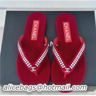 Big Discount Chanel Velvet Flat Thongs Sandal with Strass G46205 Red 1121185