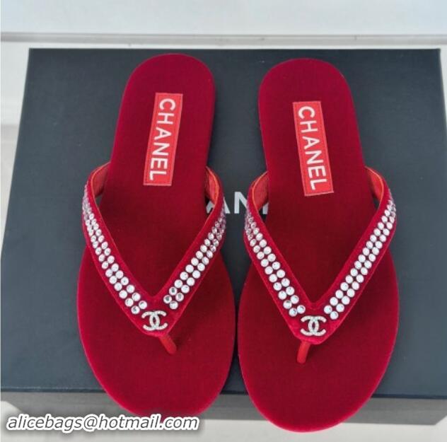 Big Discount Chanel Velvet Flat Thongs Sandal with Strass G46205 Red 1121185