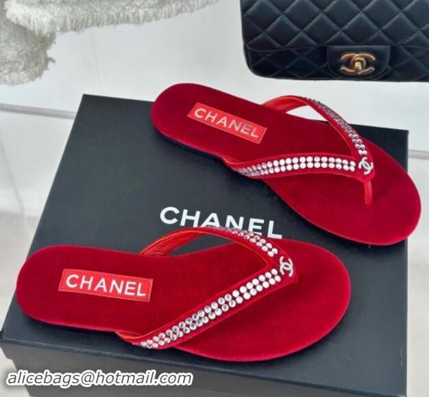 Big Discount Chanel Velvet Flat Thongs Sandal with Strass G46205 Red 1121185