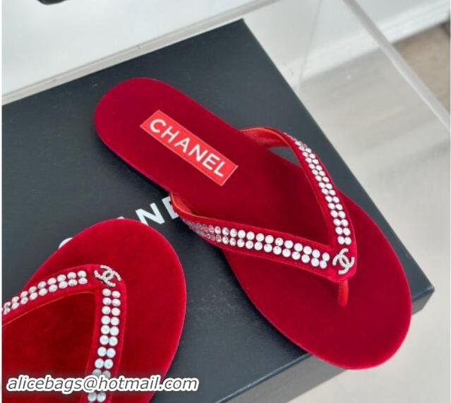 Big Discount Chanel Velvet Flat Thongs Sandal with Strass G46205 Red 1121185