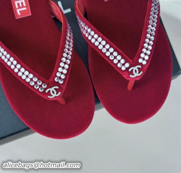 Big Discount Chanel Velvet Flat Thongs Sandal with Strass G46205 Red 1121185