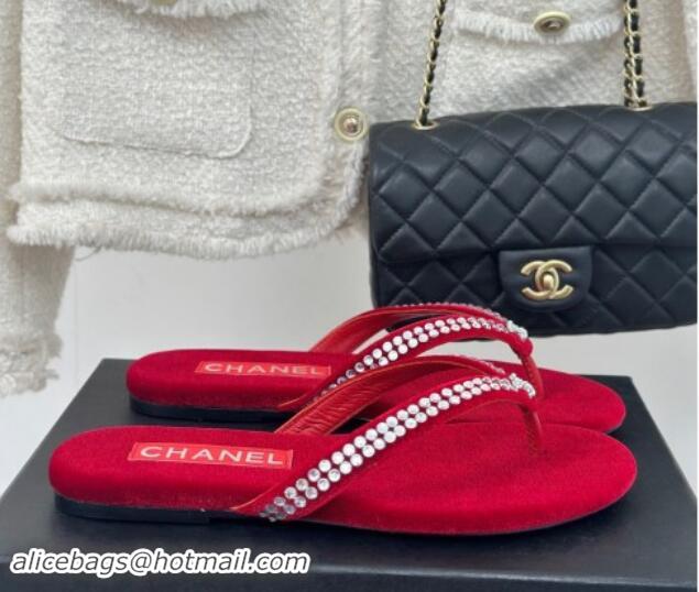 Big Discount Chanel Velvet Flat Thongs Sandal with Strass G46205 Red 1121185