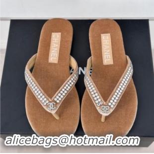 Unique Discount Chanel Velvet Flat Thongs Sandal with Strass G46205 Beige 1121186