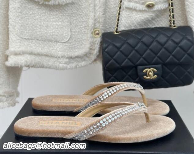 Unique Discount Chanel Velvet Flat Thongs Sandal with Strass G46205 Beige 1121186