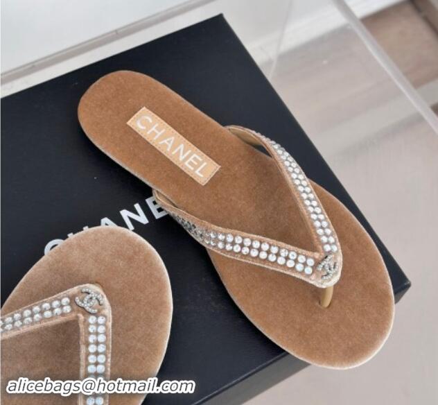 Unique Discount Chanel Velvet Flat Thongs Sandal with Strass G46205 Beige 1121186