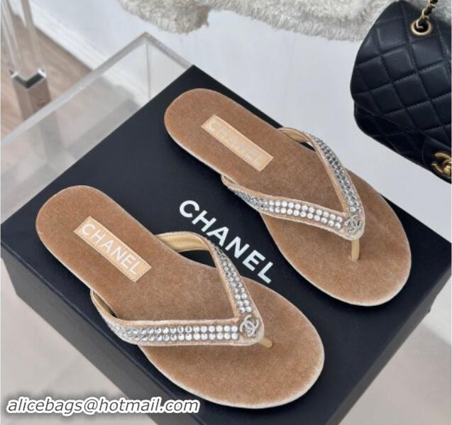 Unique Discount Chanel Velvet Flat Thongs Sandal with Strass G46205 Beige 1121186