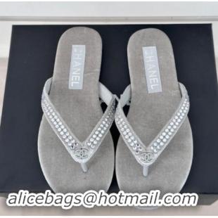 Buy Luxury Chanel Velvet Flat Thongs Sandal with Strass G46205 Grey 1121187