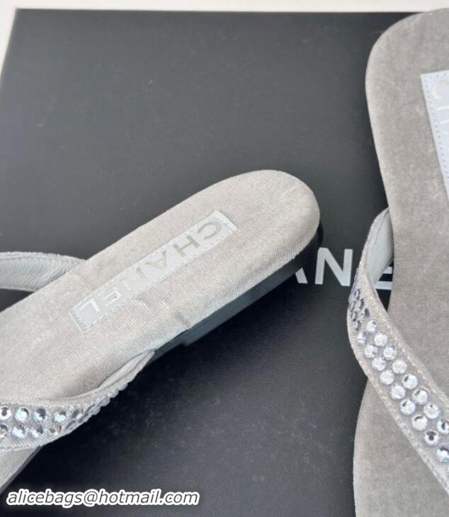 Buy Luxury Chanel Velvet Flat Thongs Sandal with Strass G46205 Grey 1121187