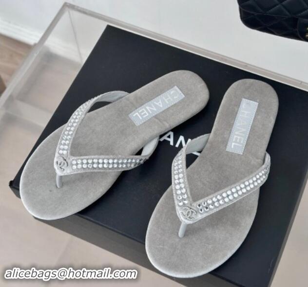 Buy Luxury Chanel Velvet Flat Thongs Sandal with Strass G46205 Grey 1121187