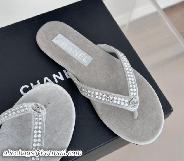 Buy Luxury Chanel Velvet Flat Thongs Sandal with Strass G46205 Grey 1121187