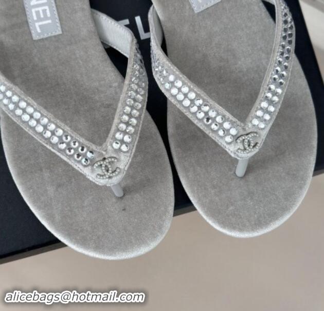 Buy Luxury Chanel Velvet Flat Thongs Sandal with Strass G46205 Grey 1121187