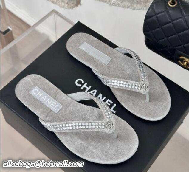 Buy Luxury Chanel Velvet Flat Thongs Sandal with Strass G46205 Grey 1121187