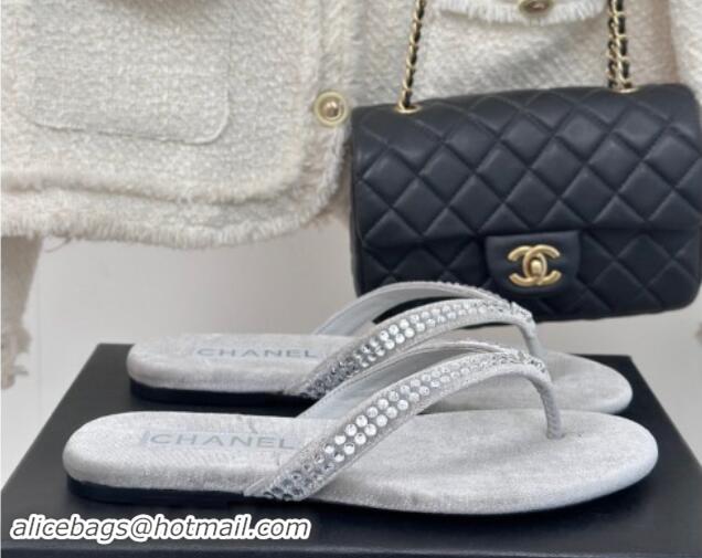 Buy Luxury Chanel Velvet Flat Thongs Sandal with Strass G46205 Grey 1121187