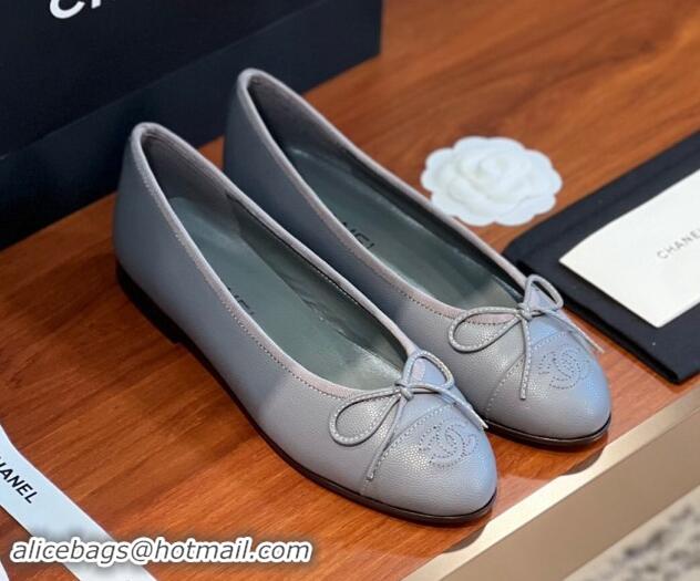 Grade Chanel Grained Leather Classic Ballerinas CHB09 Grey 120309