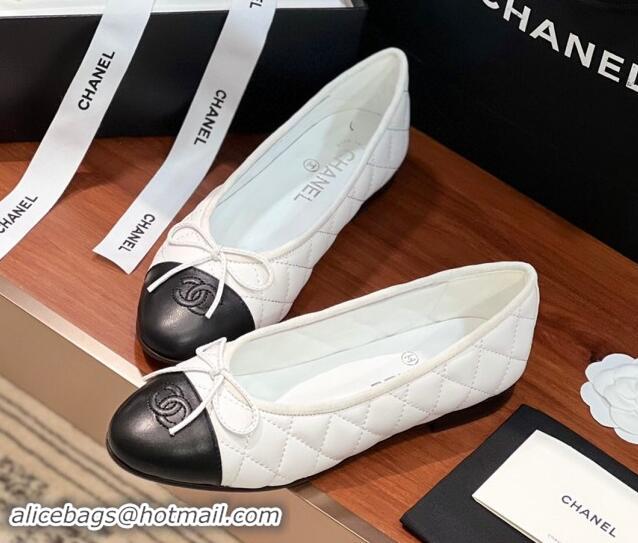 Top Design Chanel Quilted Lambskin Classic Ballerinas White/Black 120304