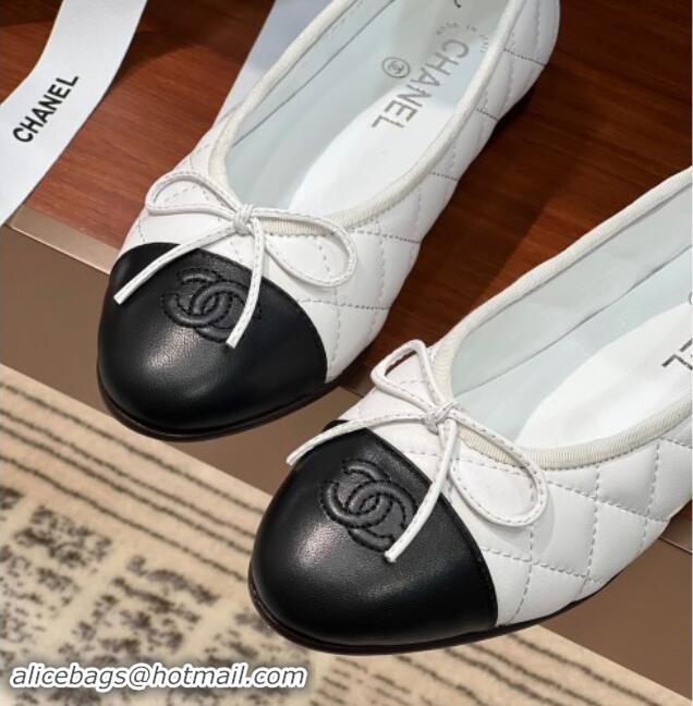 Top Design Chanel Quilted Lambskin Classic Ballerinas White/Black 120304