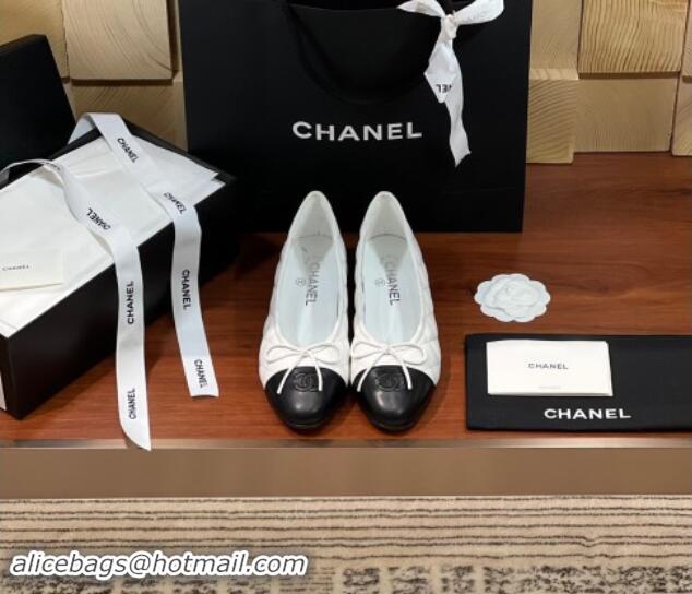 Top Design Chanel Quilted Lambskin Classic Ballerinas White/Black 120304