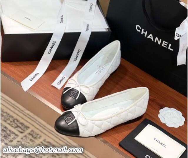 Top Design Chanel Quilted Lambskin Classic Ballerinas White/Black 120304