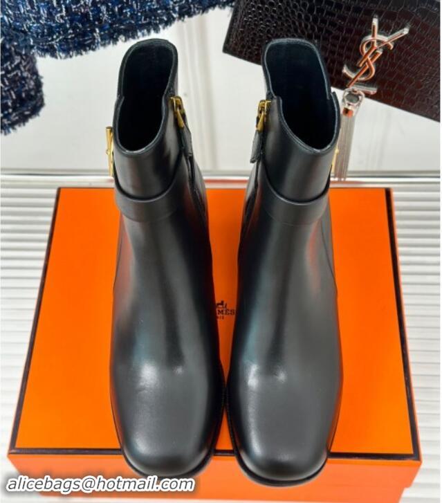 Perfect Hermes Jill Heel Ankle Boots 6cm in Calfskin with Glenan Buckle Black 008048